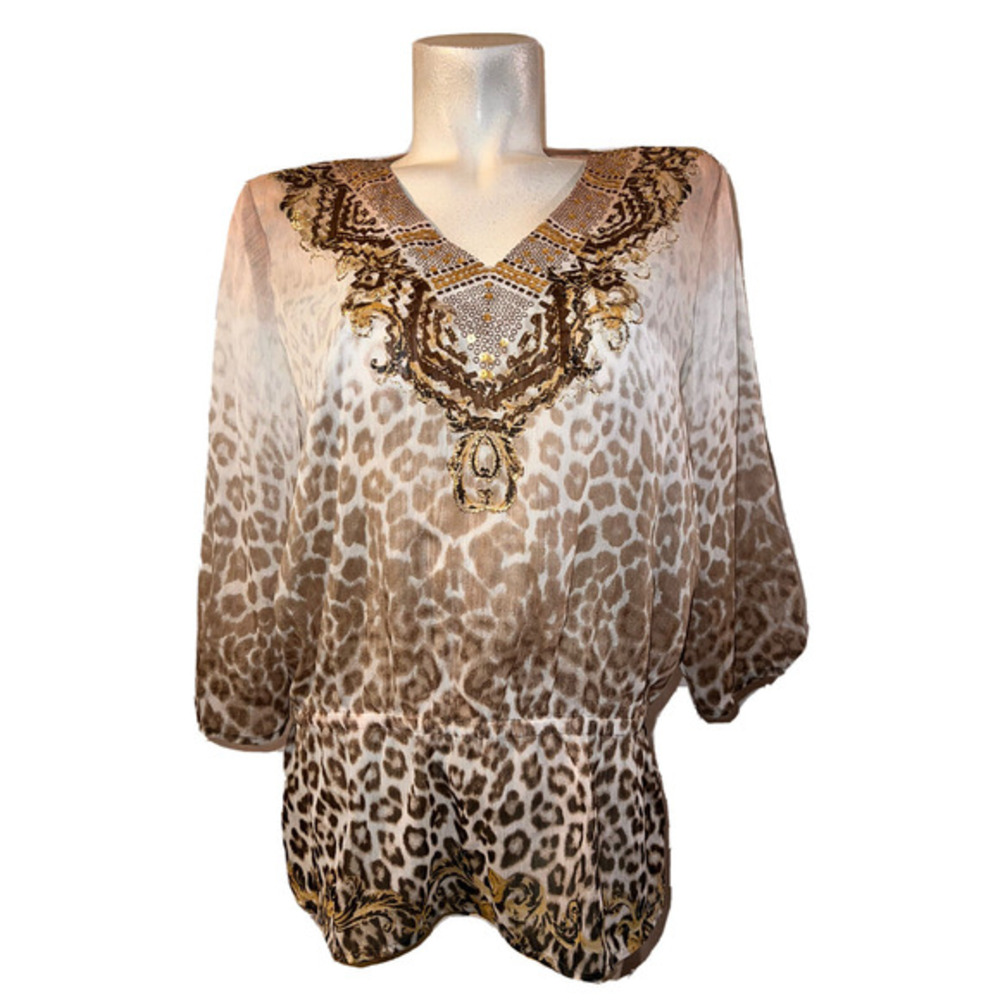 CHICO'S Top Size M/L‎ Pink Brown Animal Print Shirt Thirty Unforgettable Years